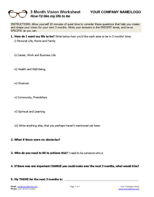 3 Month Vision Worksheet | Coaching Tools from The Coaching Tools