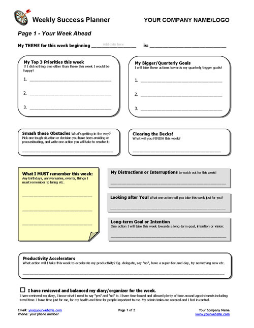 weekly success planning tool coaching tools from the coaching weekly organizer planner