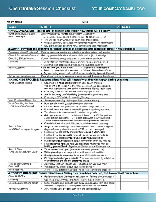 Intake Session TEMPLATE Checklist