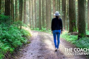 Client walking into woods mindfully