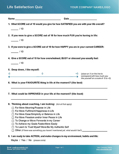 Life Satisfaction Quiz Coaching Exercise