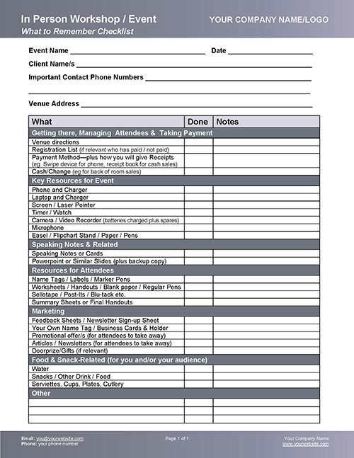 Seminar Workshop Event Checklist Form