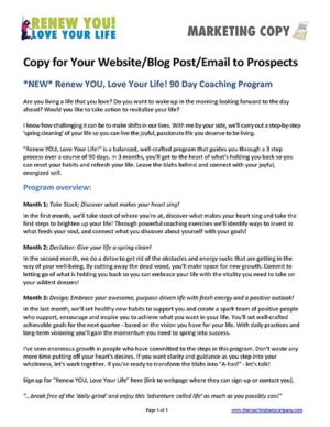 Marketing Copy Sheet for Coaching Program Template