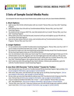 Sample Social Posts Sheet for Renew You Love Your Life Coaching Program