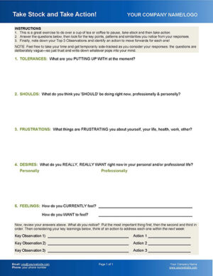 Take Stock and Take Action Coaching Worksheet for Renew You 12 Week Coaching Program