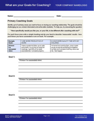 Small Business Coaching Tools Set Coaching Goals Worksheet Page 1