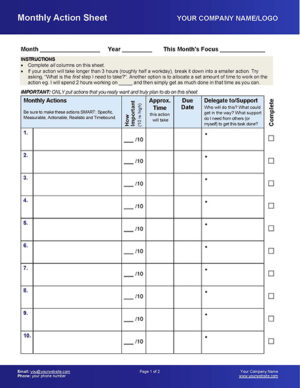 Small Business Coaching Worksheets Monthly Track Client Actions Page 1