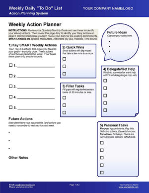 Small Business Coaching Tools Weekly Daily Task Planner Worksheet Page 1