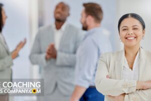 Smiling successful business woman Leading Group and Team Coaching.